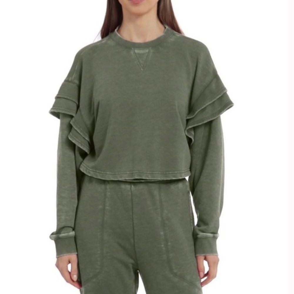NWT 7 For All Mankind | Women’s olive green pullover ruffle sleeve sweatshirt, M